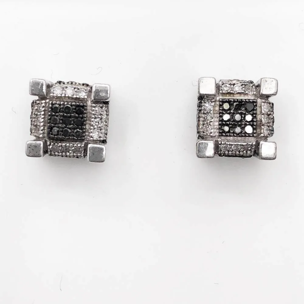 Black/White 3D Cube Diamond .29cttw Earrings .925 Sterling Silver