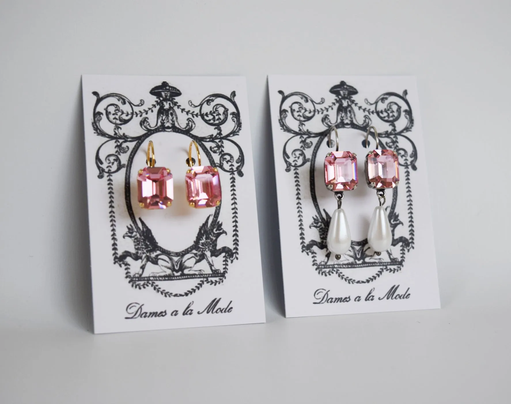 Blush Pink Swarovski Crystal and Pearl Earrings - Small Octagon