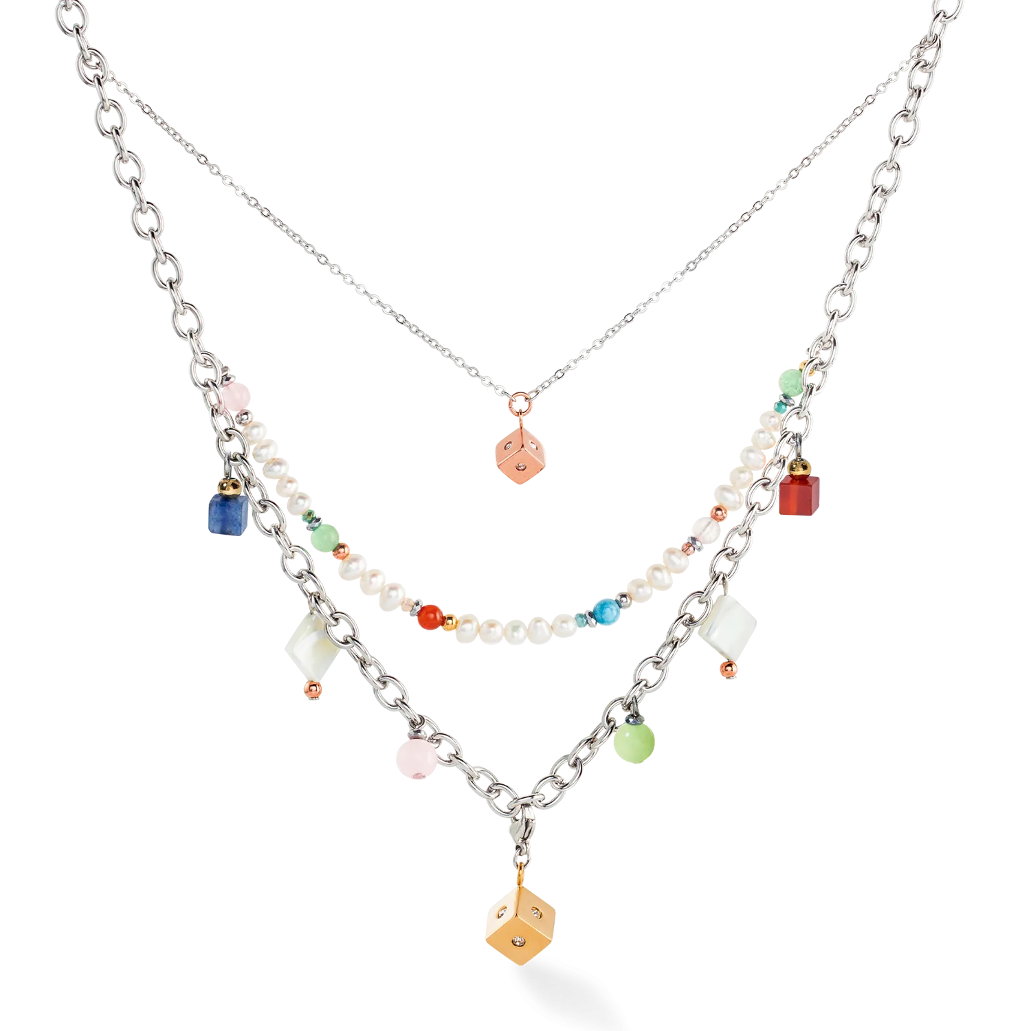 Boho necklace freshwater pearls silver & multicolour