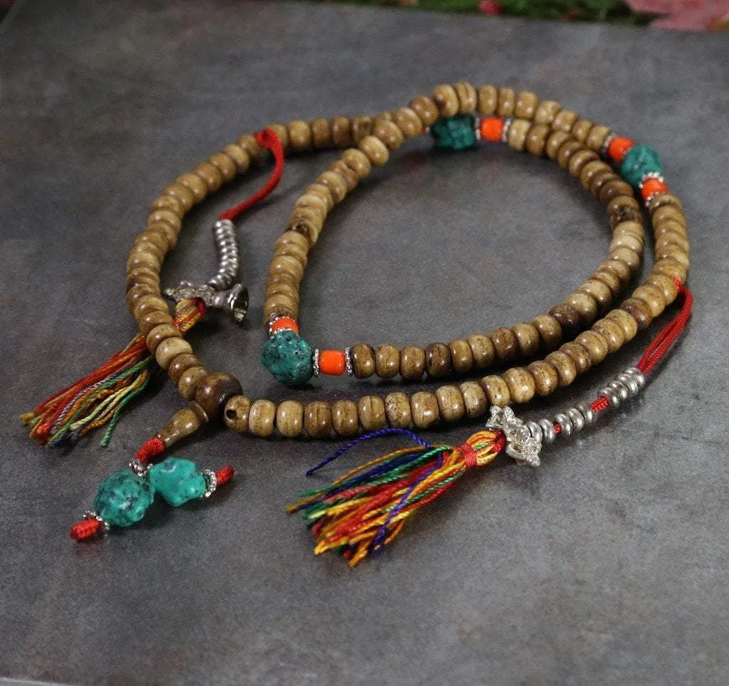 Bone Mala with Turquoise and Coral Accents