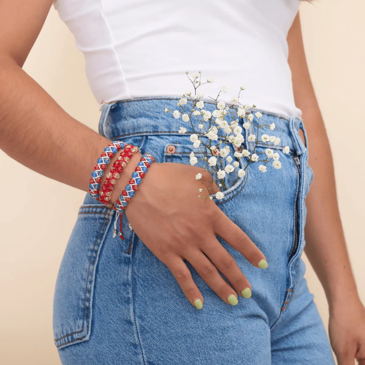 Candy Cane | Crimson x Ivory | Double Firefly Glass Bracelet