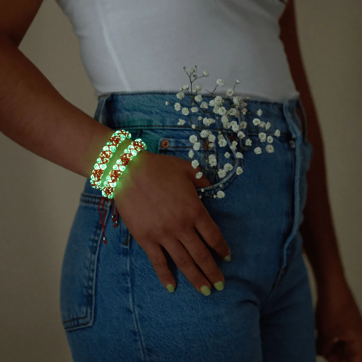 Candy Cane | Crimson x Ivory | Double Firefly Glass Bracelet