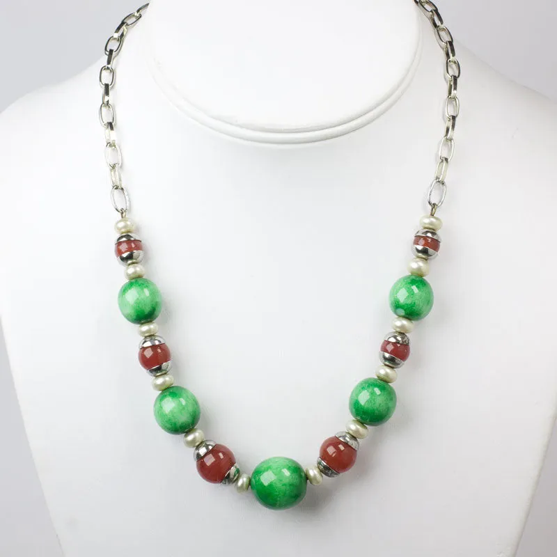 Carnelian, Jade & Pearl Bead Necklace