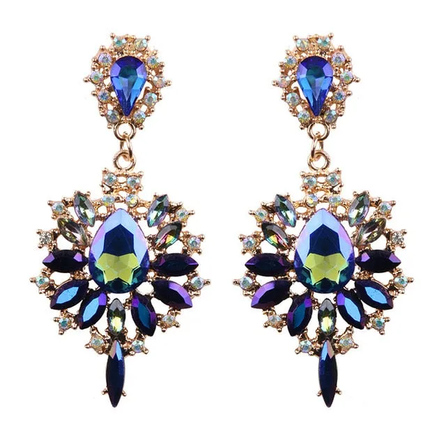 Colorful Flower  Luxury Starburst Pendant Crystal Gem Statement Earrings