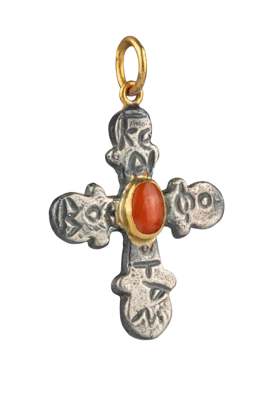 Coral & Silver Cross Pendant