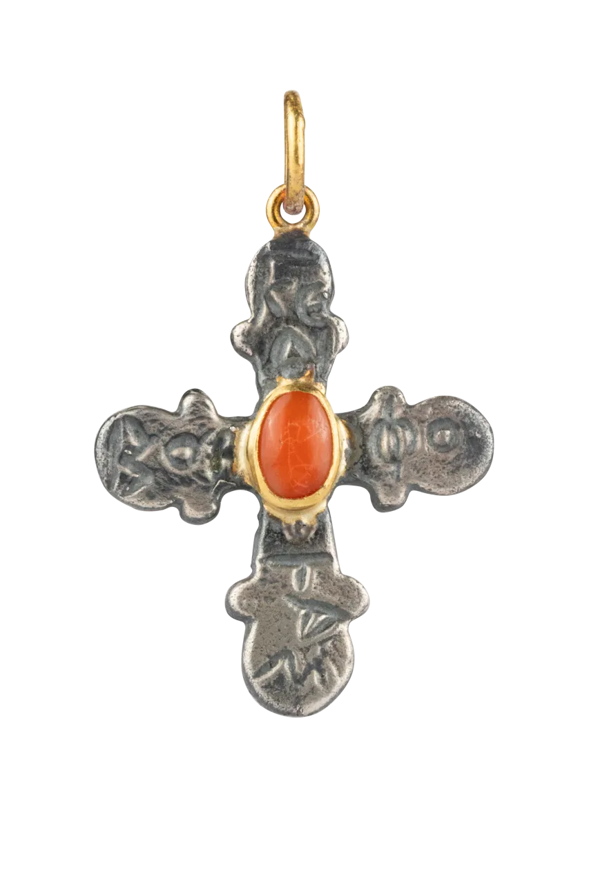 Coral & Silver Cross Pendant