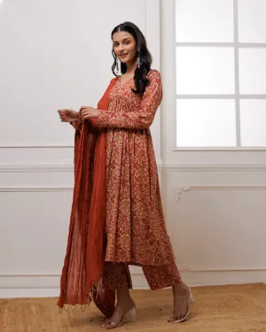 Coral Block Printed Suit Set With Dupatta