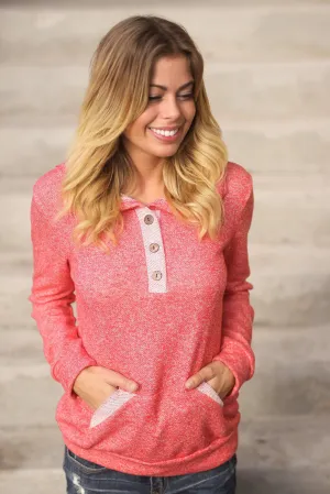 Coral Hoodie with Buttons