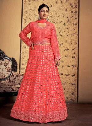 Coral Red Art Silk Readymade Lehenga Choli