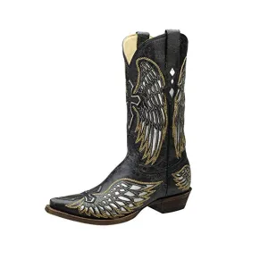 Corral Men's Black Silver Inlay Embroidered Wing Cross Snip Toe Cowboy Boots - A1966