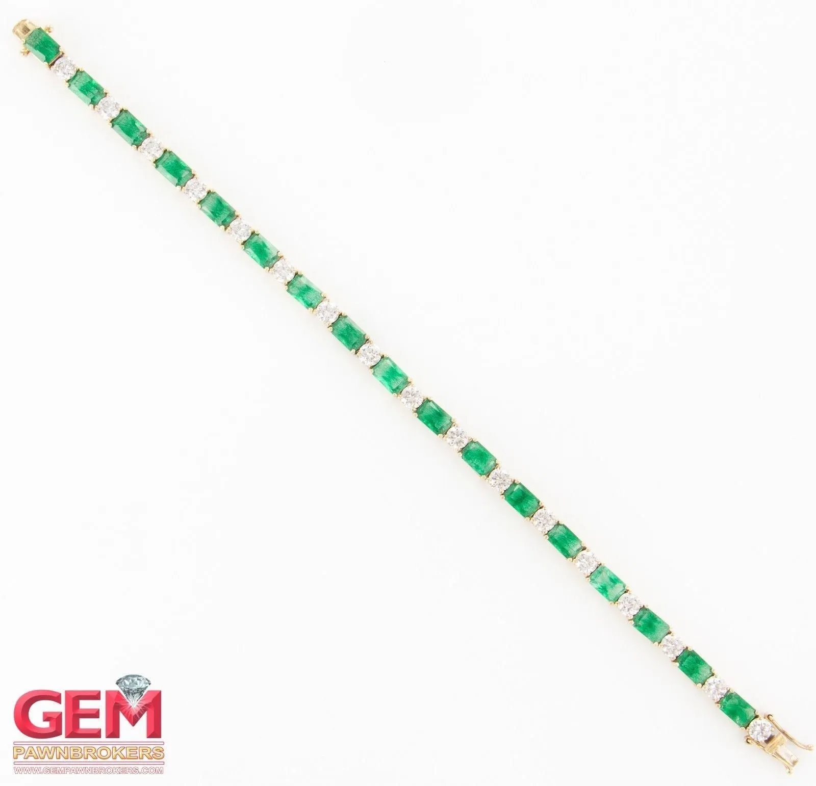 Cubic Zirconia & Emerald Cut Green Stone Tennis Bracelet 14k 585 Yellow Gold