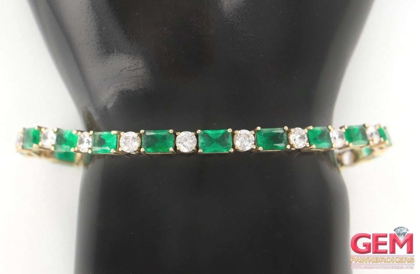 Cubic Zirconia & Emerald Cut Green Stone Tennis Bracelet 14k 585 Yellow Gold