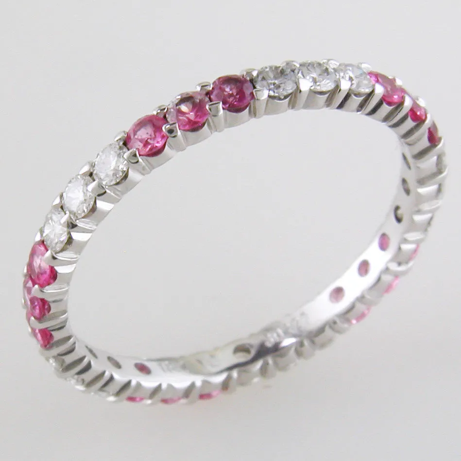 Diamond & Pink Sapphire Three Alternating Eternity Wedding Band Anniversary Ring 18K White Gold