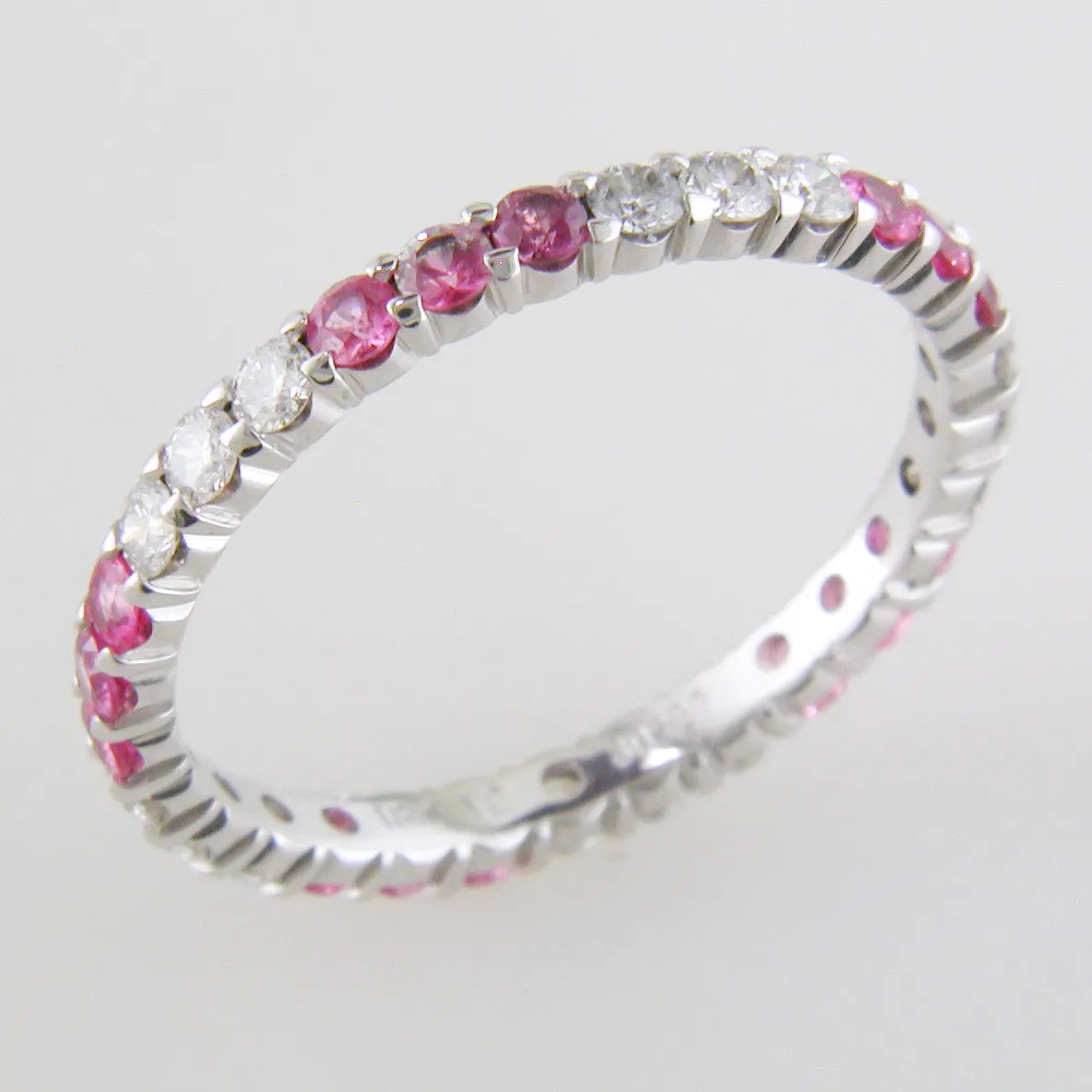 Diamond & Pink Sapphire Three Alternating Eternity Wedding Band Anniversary Ring 18K White Gold