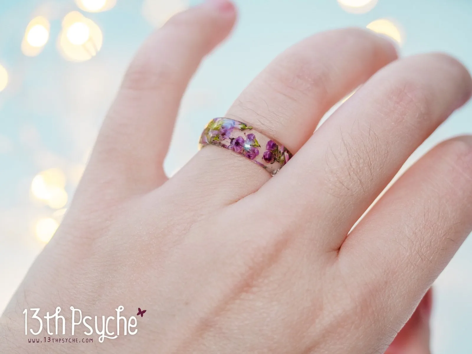 Dried pink heather flower resin ring