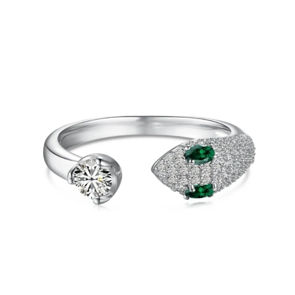 Emerald & Diamond CZ Adjustable Open Snake Ring