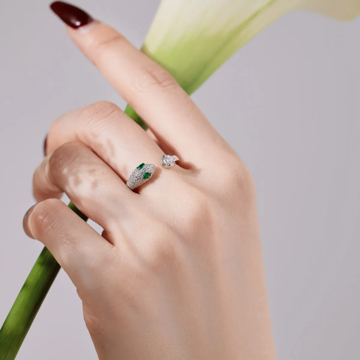 Emerald & Diamond CZ Adjustable Open Snake Ring