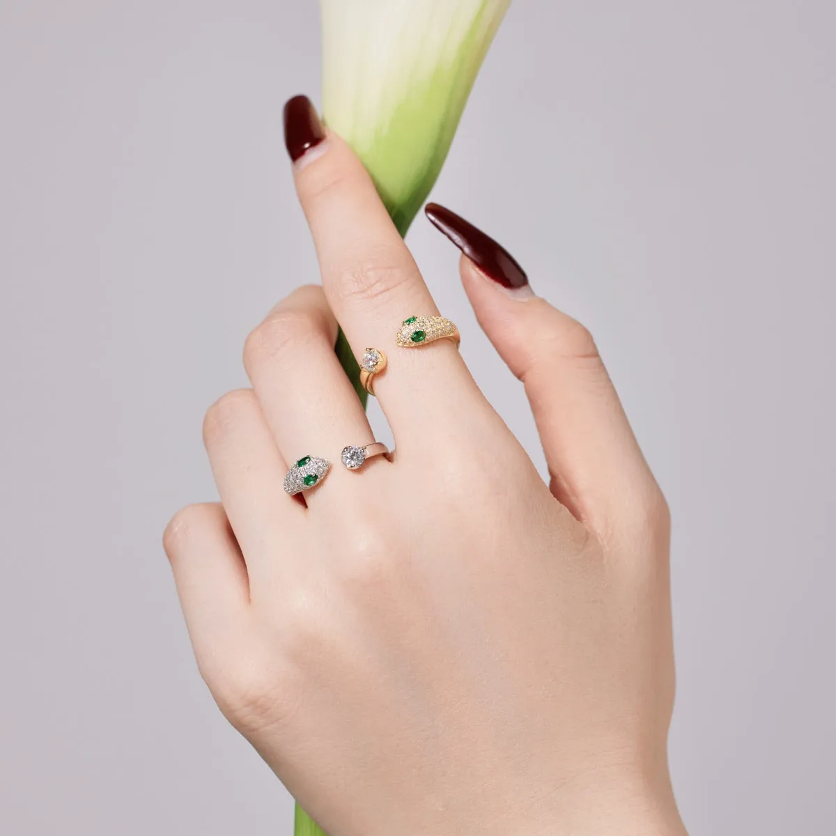 Emerald & Diamond CZ Adjustable Open Snake Ring