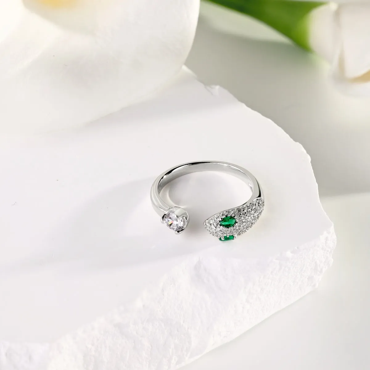 Emerald & Diamond CZ Adjustable Open Snake Ring