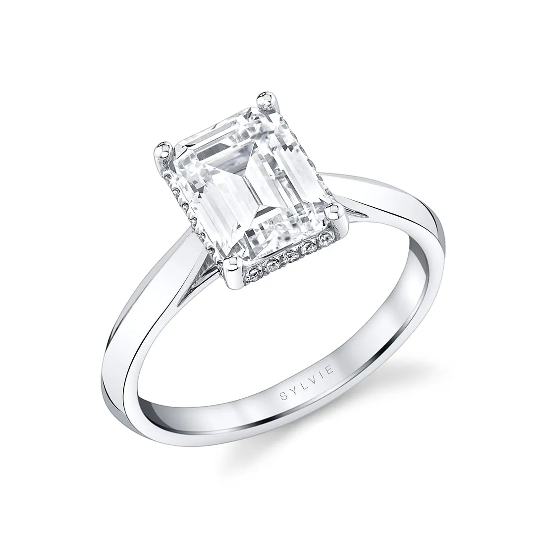 Emerald Cut Hidden Halo Solitaire Engagement Ring - Fae Platinum White