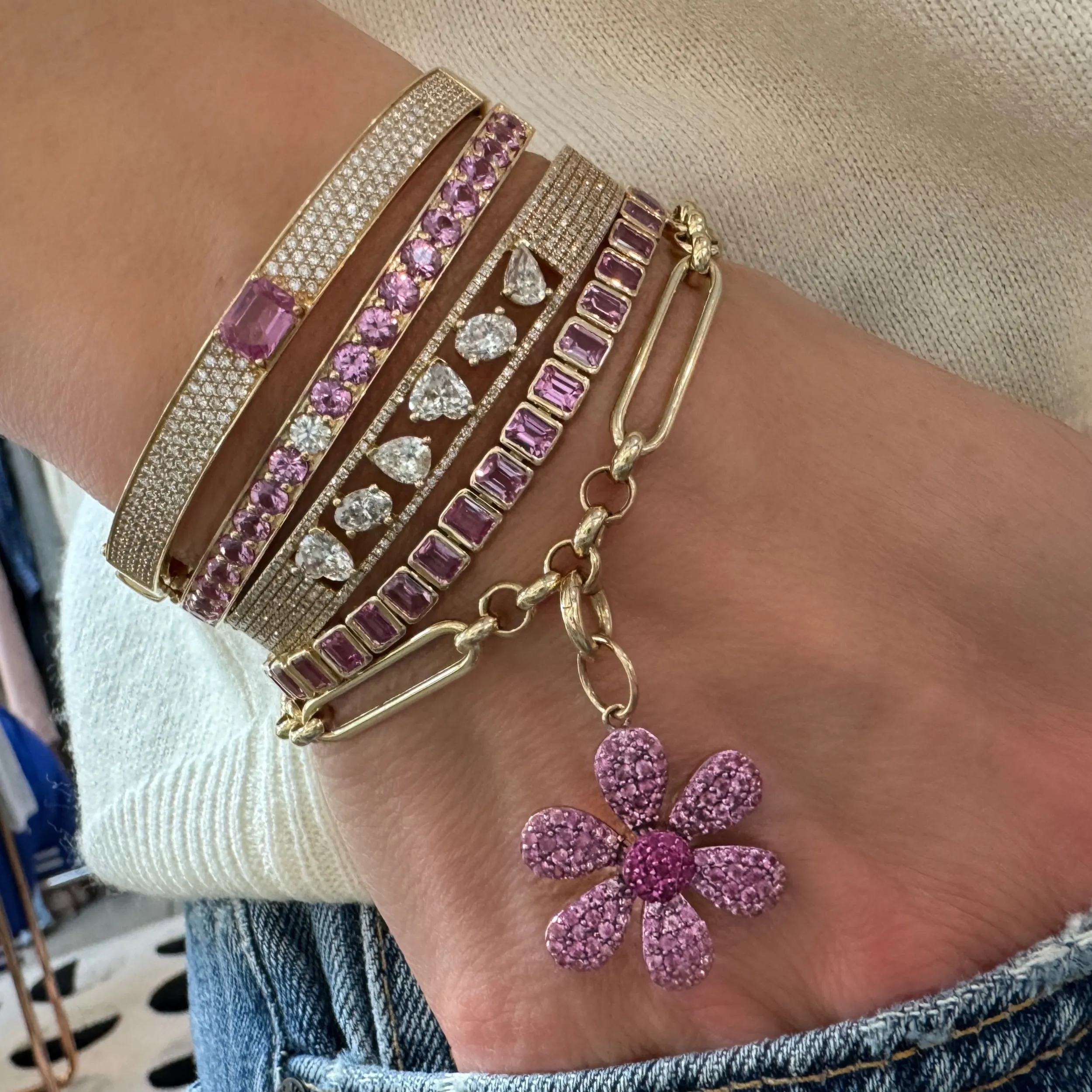 Emerald Cut Pink Sapphire And Pave Diamond Bangle Bracelet