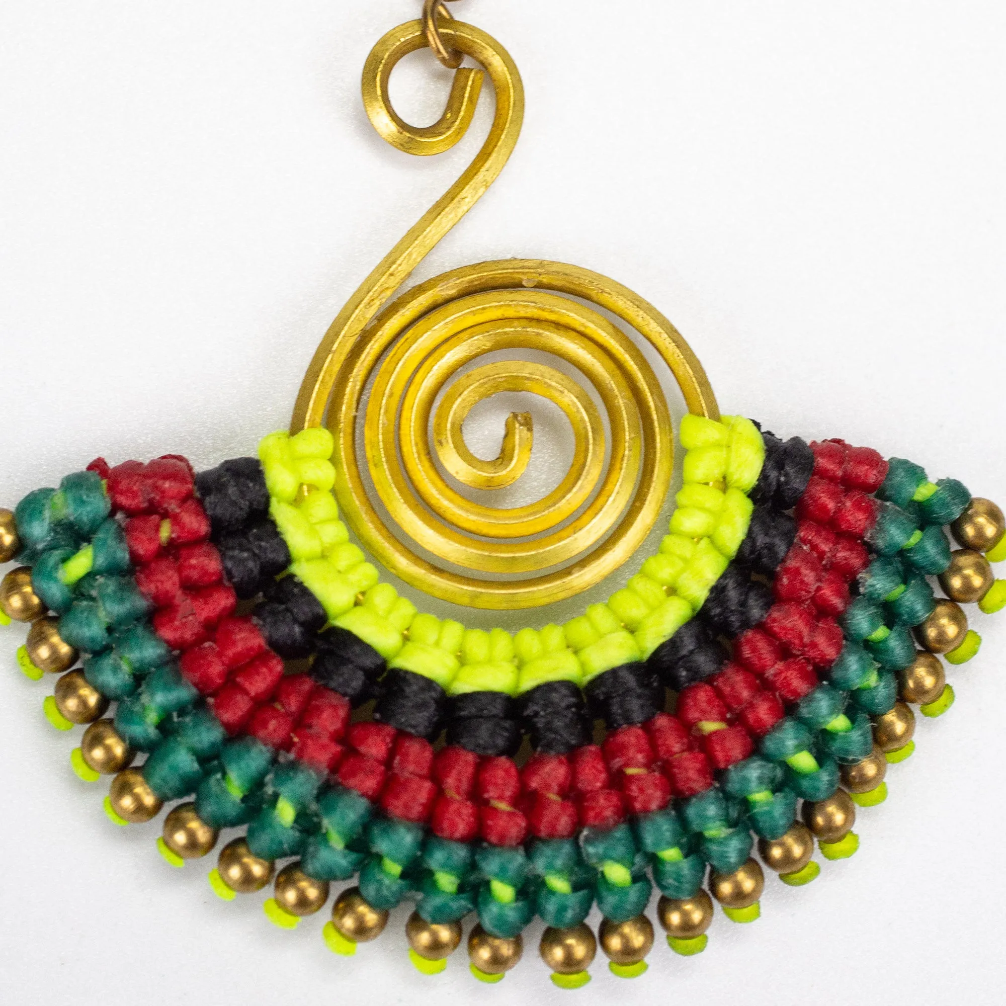 Fan Green Red Waxed String Spiral Brass Earrings