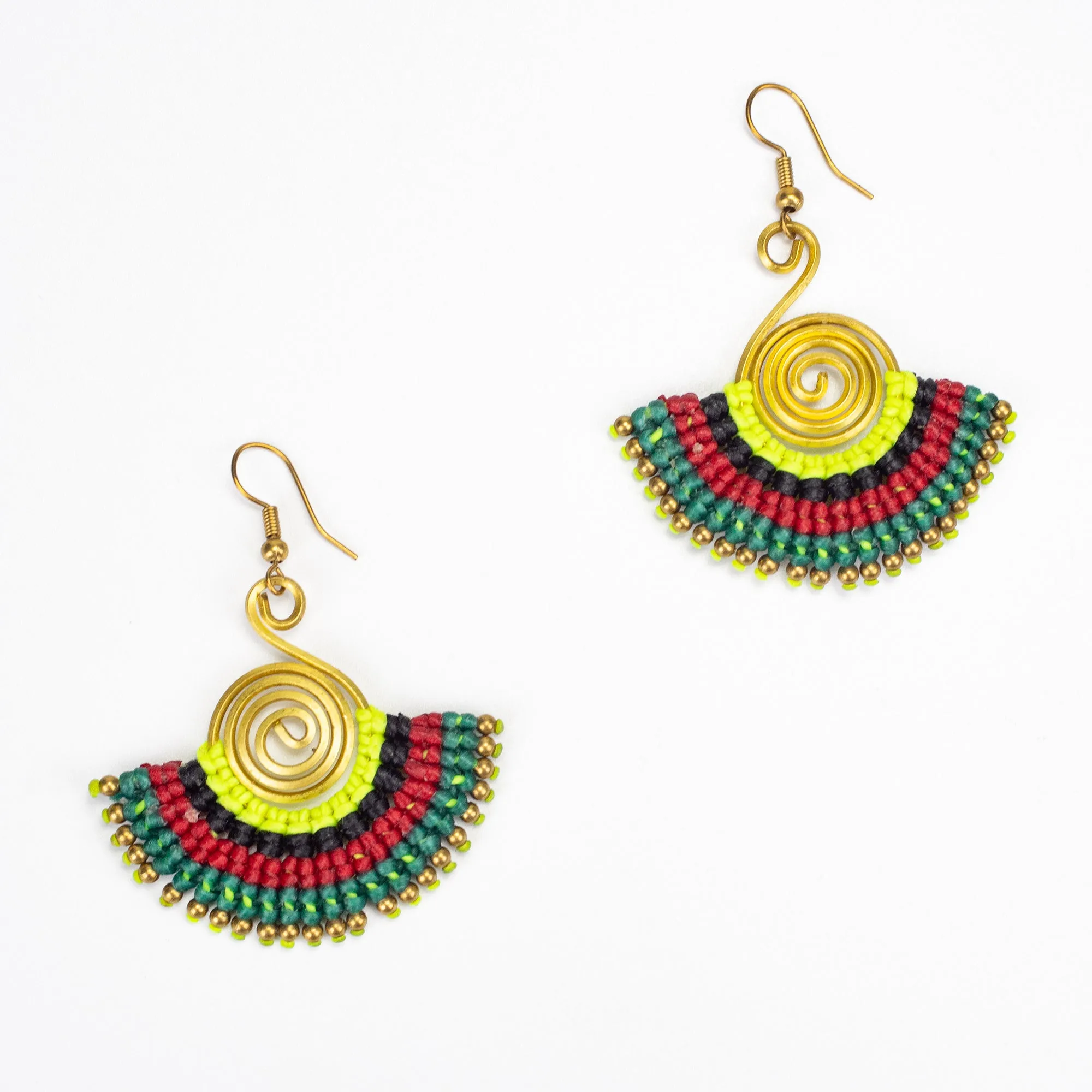 Fan Green Red Waxed String Spiral Brass Earrings