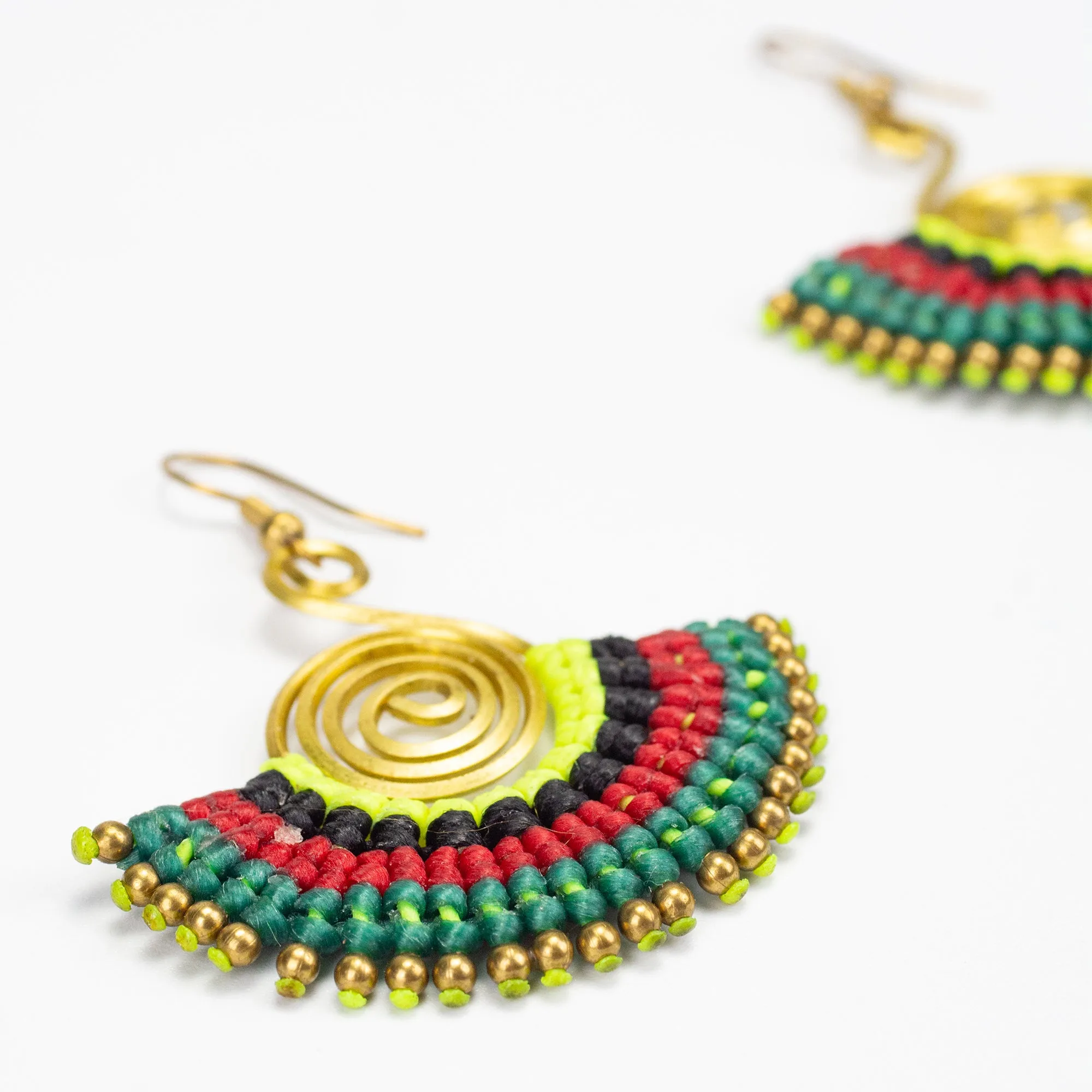 Fan Green Red Waxed String Spiral Brass Earrings