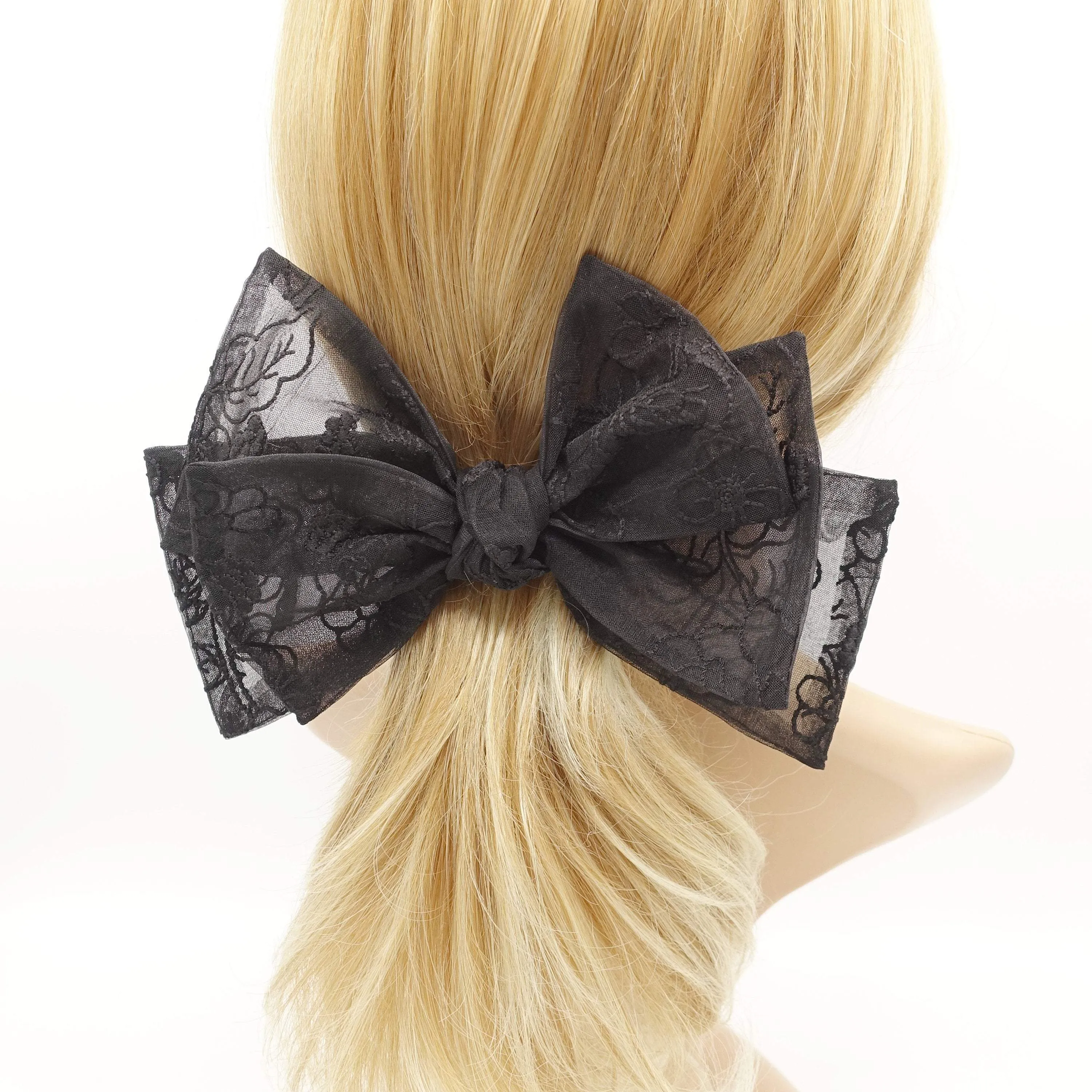 flower embroidered organza layered hair bow