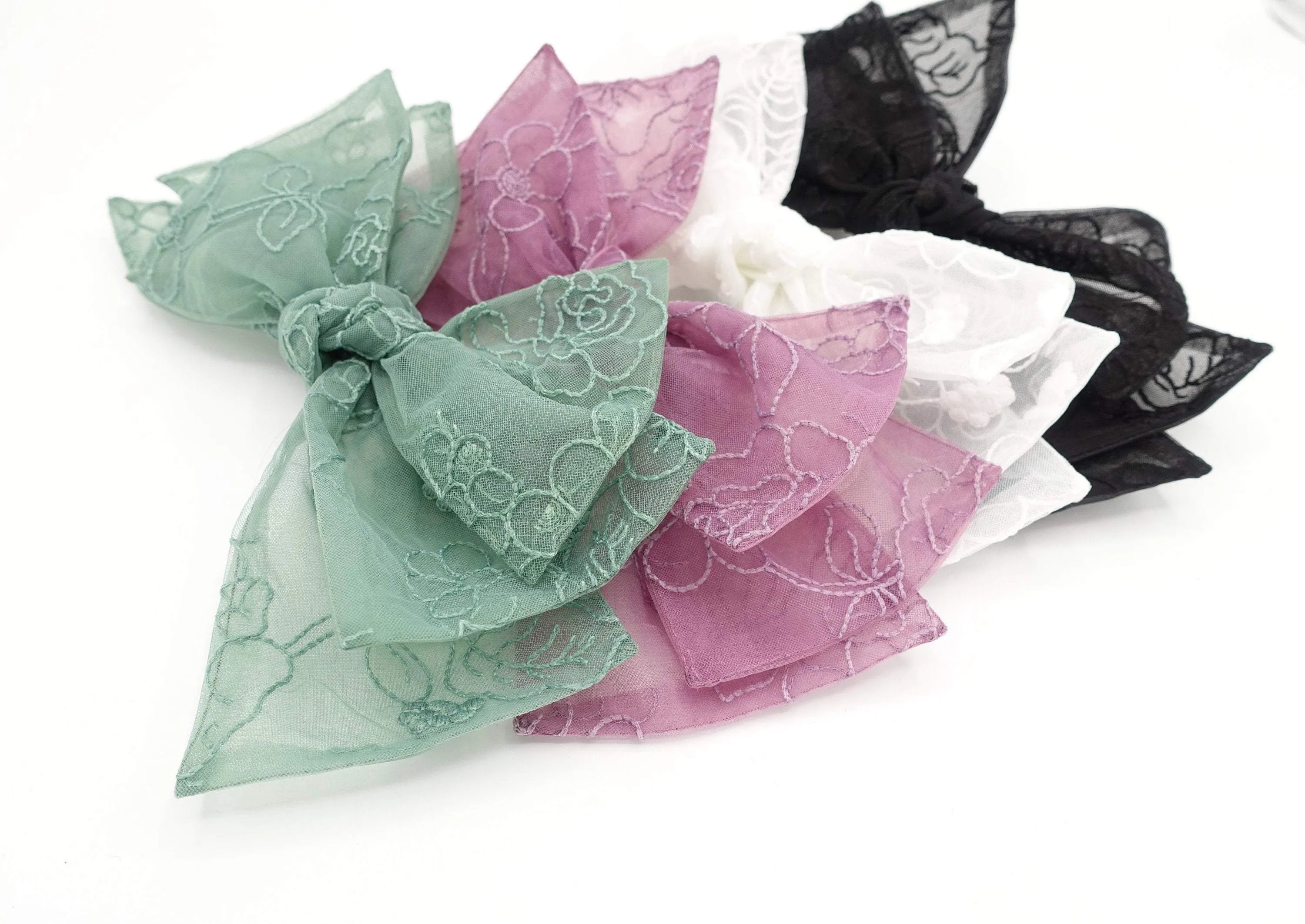 flower embroidered organza layered hair bow