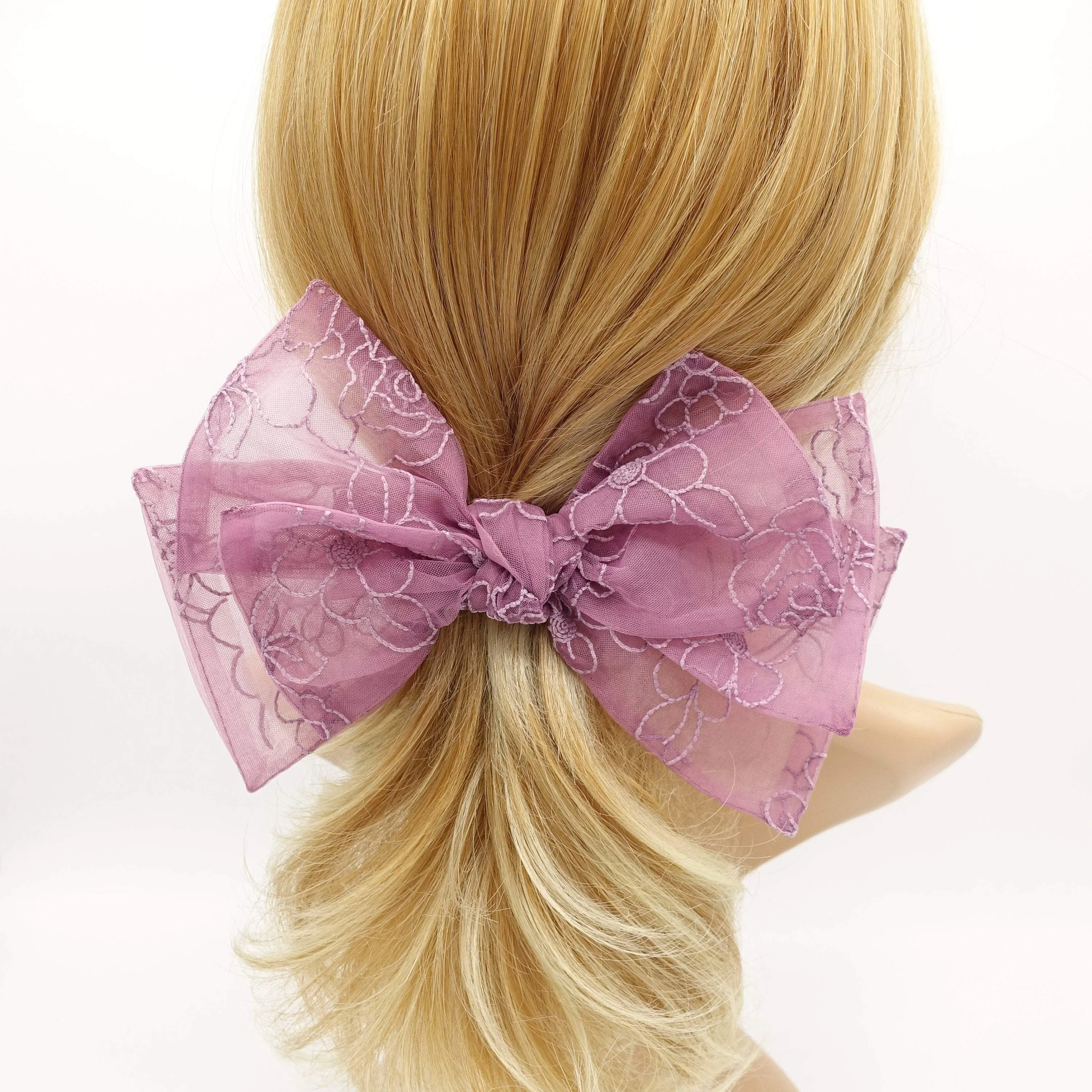 flower embroidered organza layered hair bow