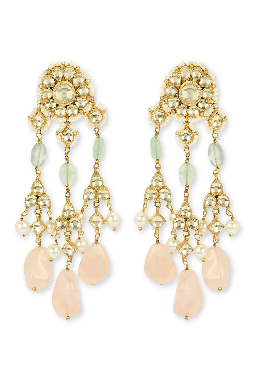 Flower Polki Earrings- Pink & Mint Green