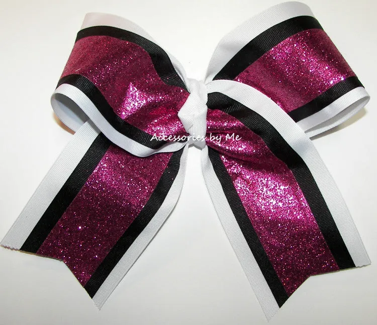 Glitter Hot Pink White Black Cheer Bow