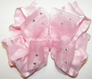 Glitzy Light Pink Organza Ruffle Hair Bow