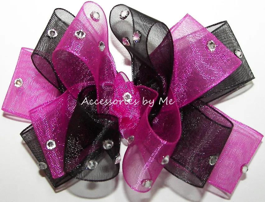 Glitzy Shocking Pink Black Organza Hair Bow