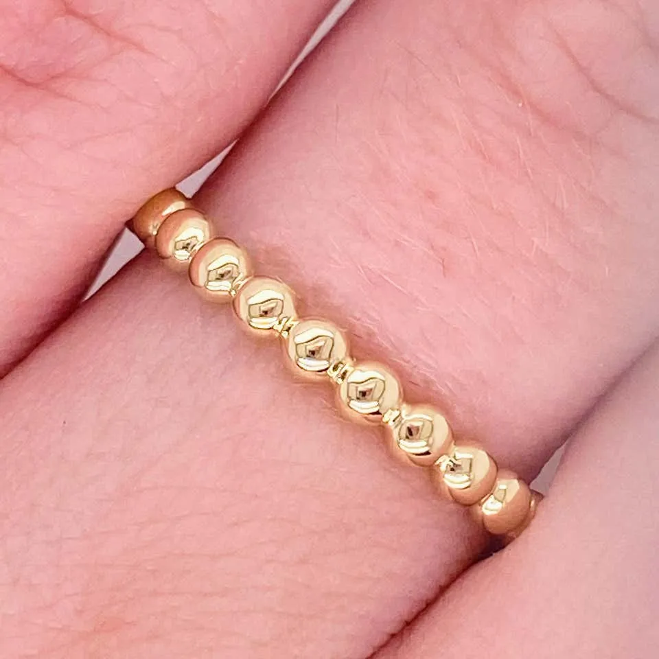 Gold Beaded Ring, 14 Karat Yellow Gold Beaded Stackable Ring Band