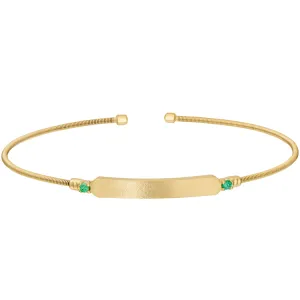 Gold Finish Sterling Silver Cable Cuff Bracelet with Name Plate and Simulated Emerald Birth Gems - May