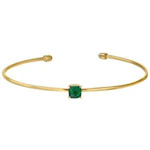 Gold Finish Sterling Silver Pliable Cuff Bracelet with Faceted Cushion Cut Simulated Emerald Birth Gem - May