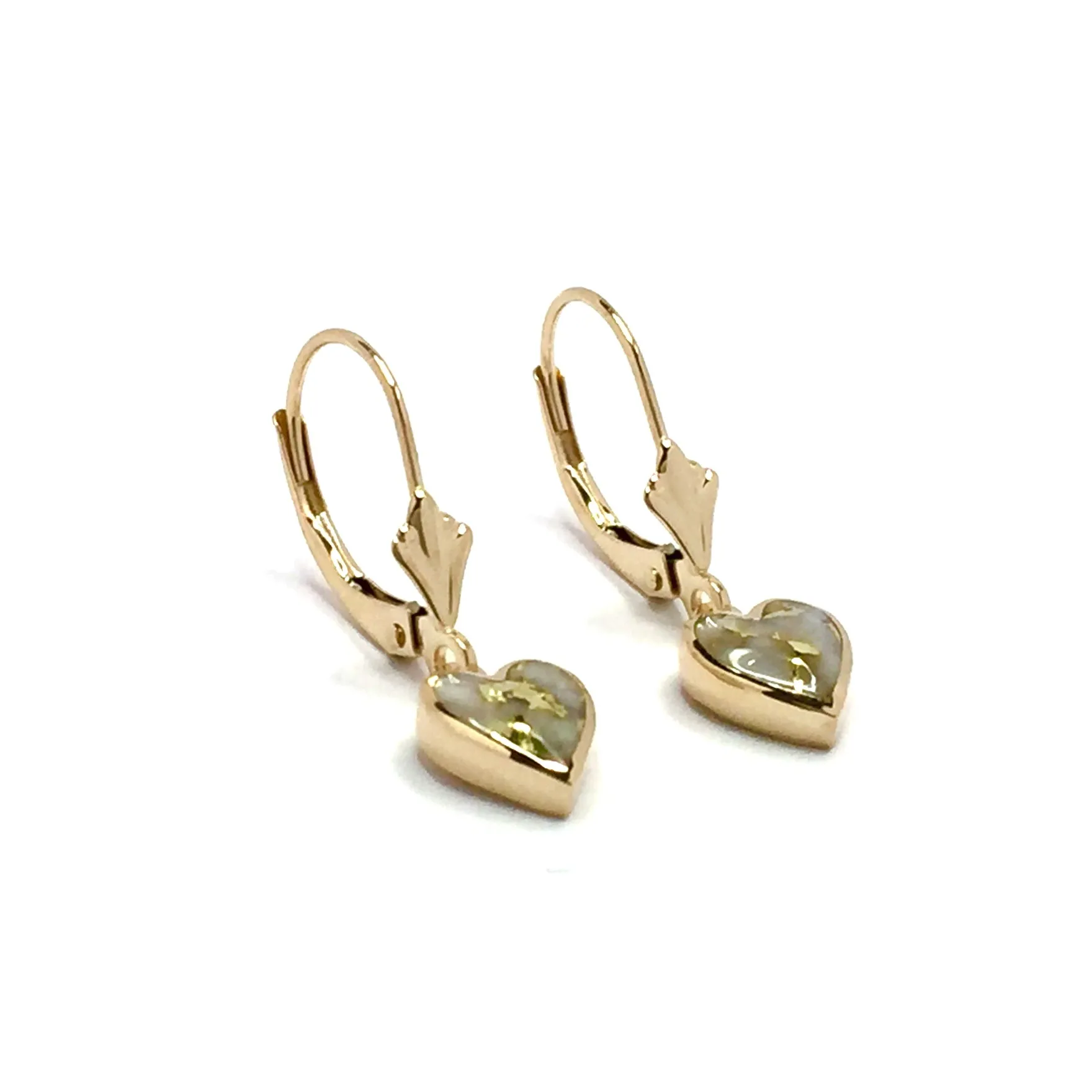 Gold Quartz Earrings Heart Shape Inlaid Lever Backs