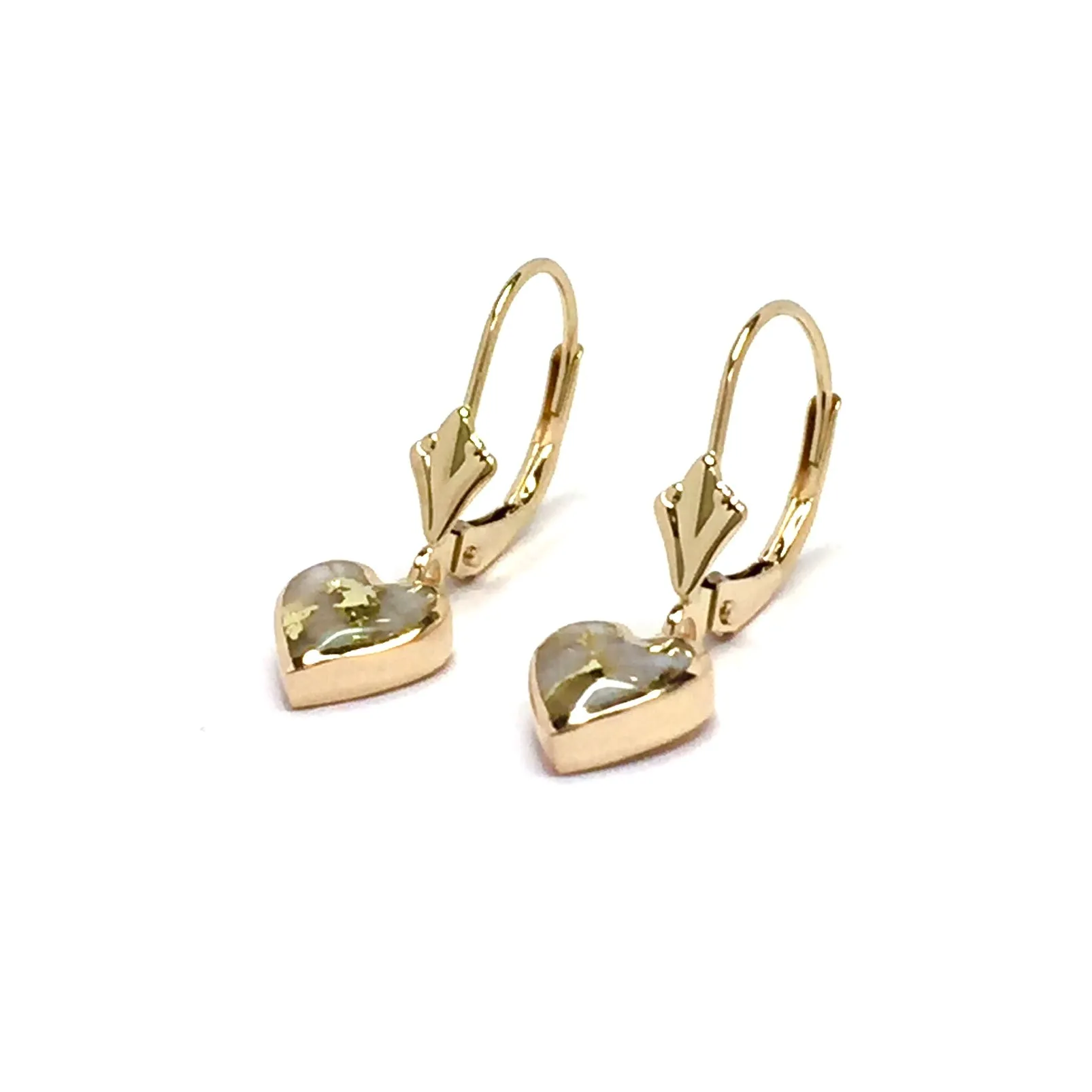 Gold Quartz Earrings Heart Shape Inlaid Lever Backs