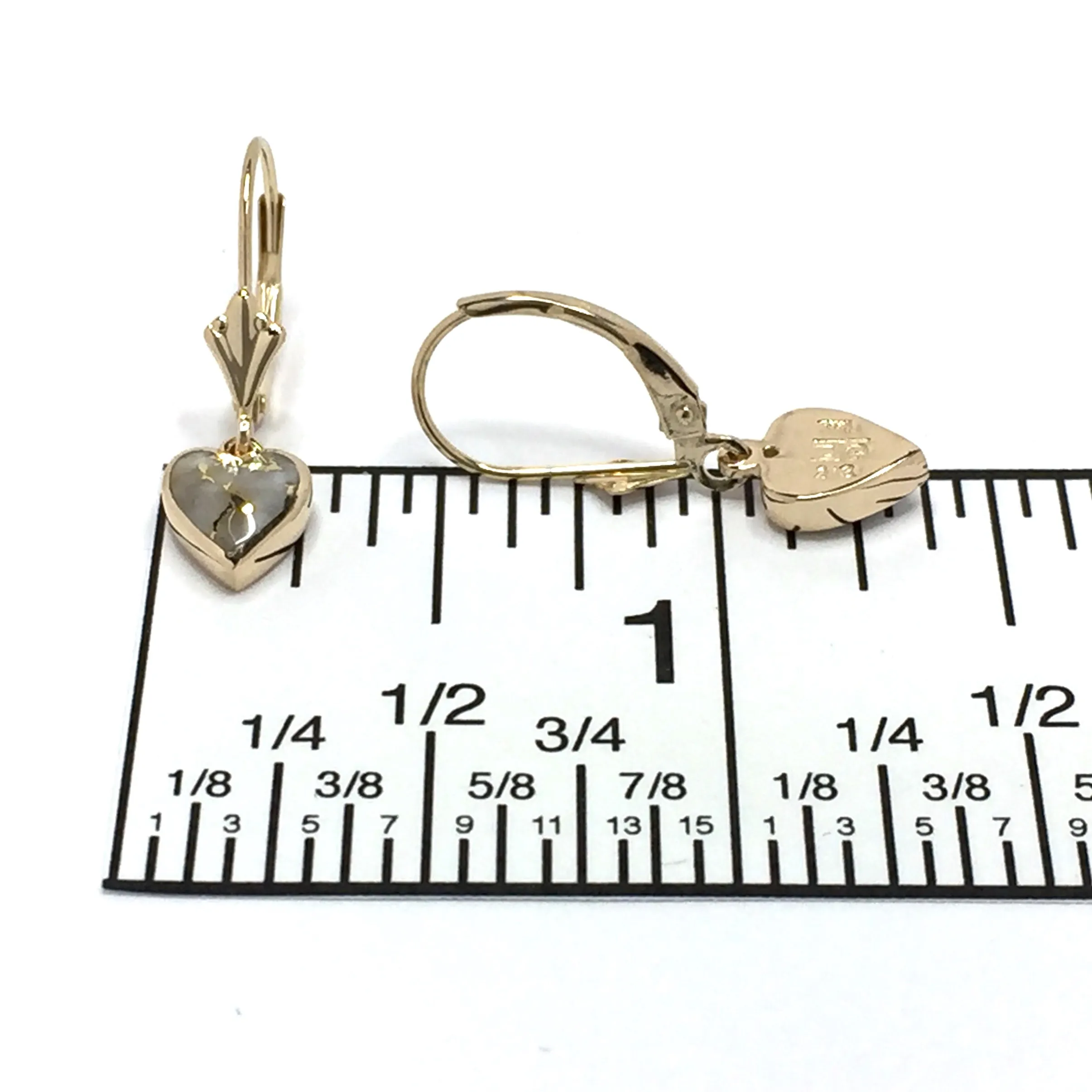 Gold Quartz Earrings Heart Shape Inlaid Lever Backs