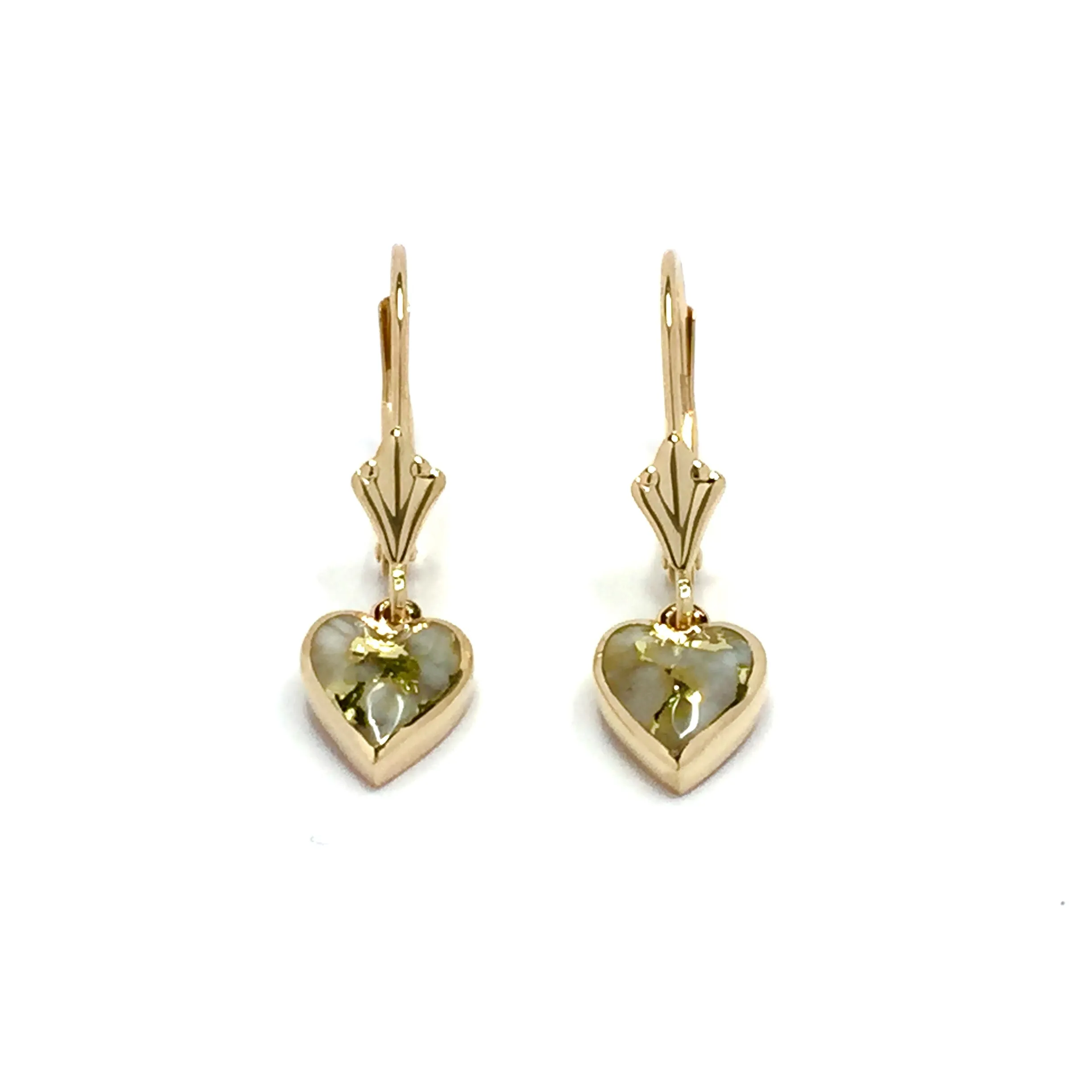 Gold Quartz Earrings Heart Shape Inlaid Lever Backs