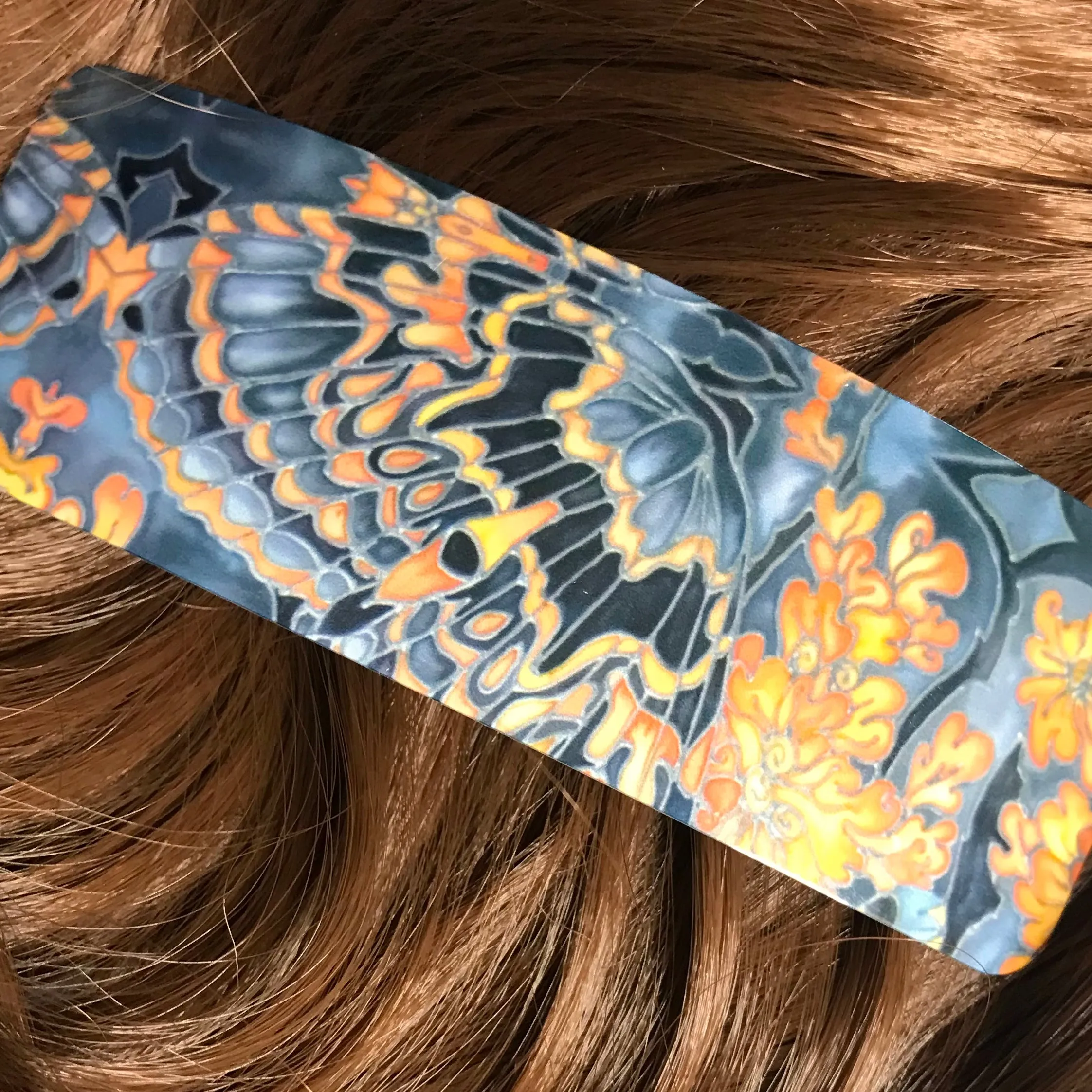 Grey Orange Butterfly Moth Large Hair Clip - Patterned Hair Barrette