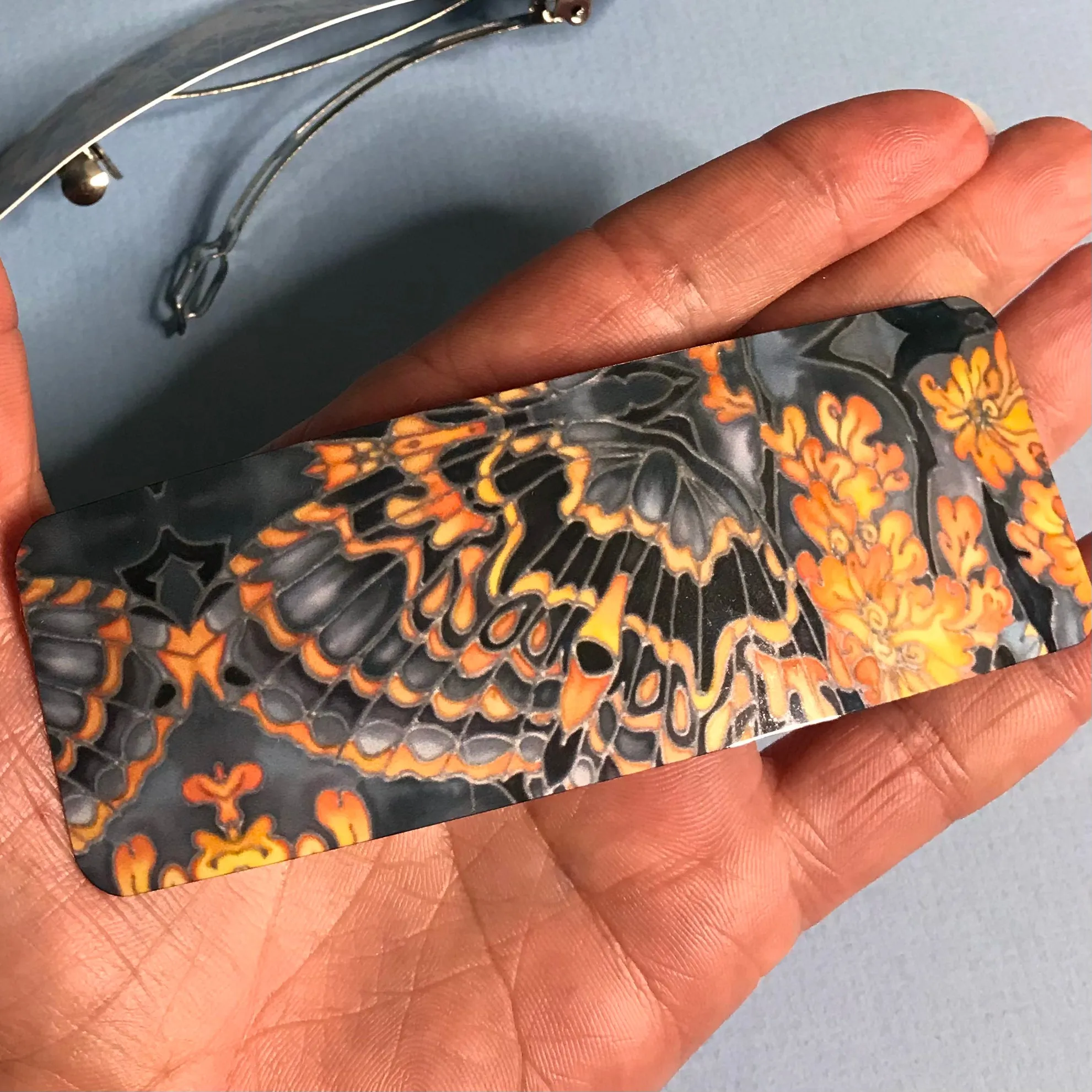 Grey Orange Butterfly Moth Large Hair Clip - Patterned Hair Barrette