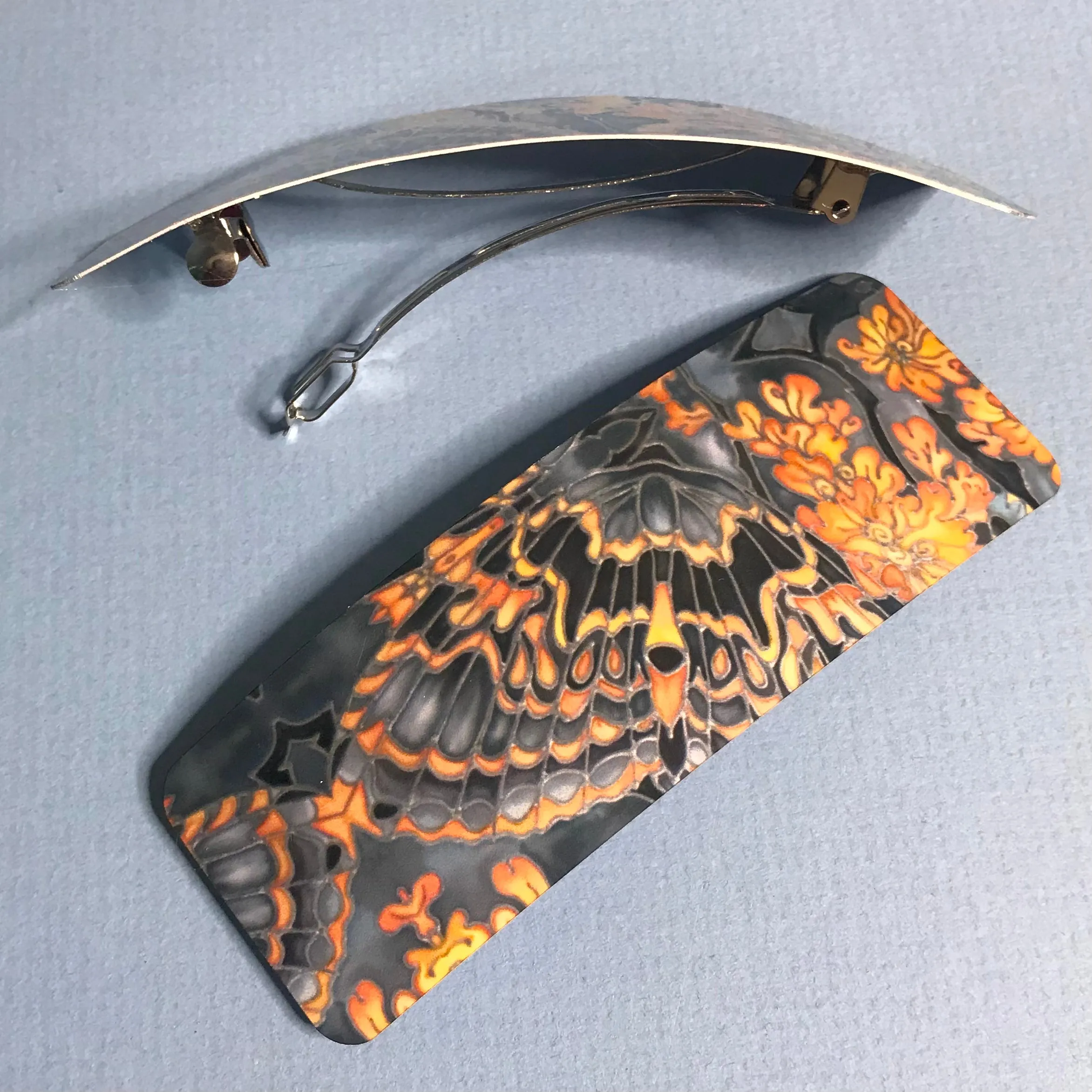 Grey Orange Butterfly Moth Large Hair Clip - Patterned Hair Barrette