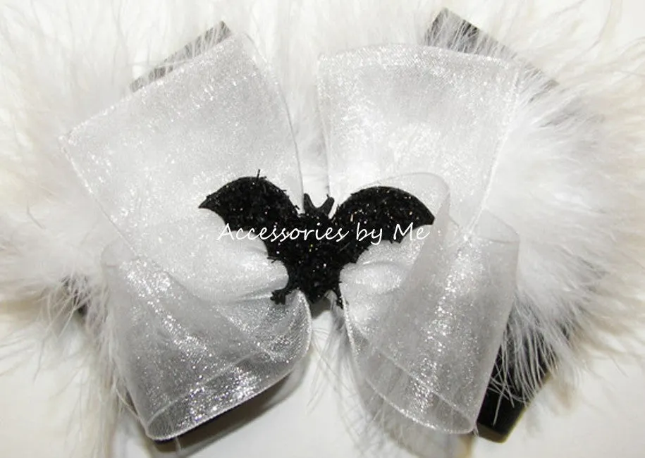 Halloween White Black Bat Marabou Hair Bow