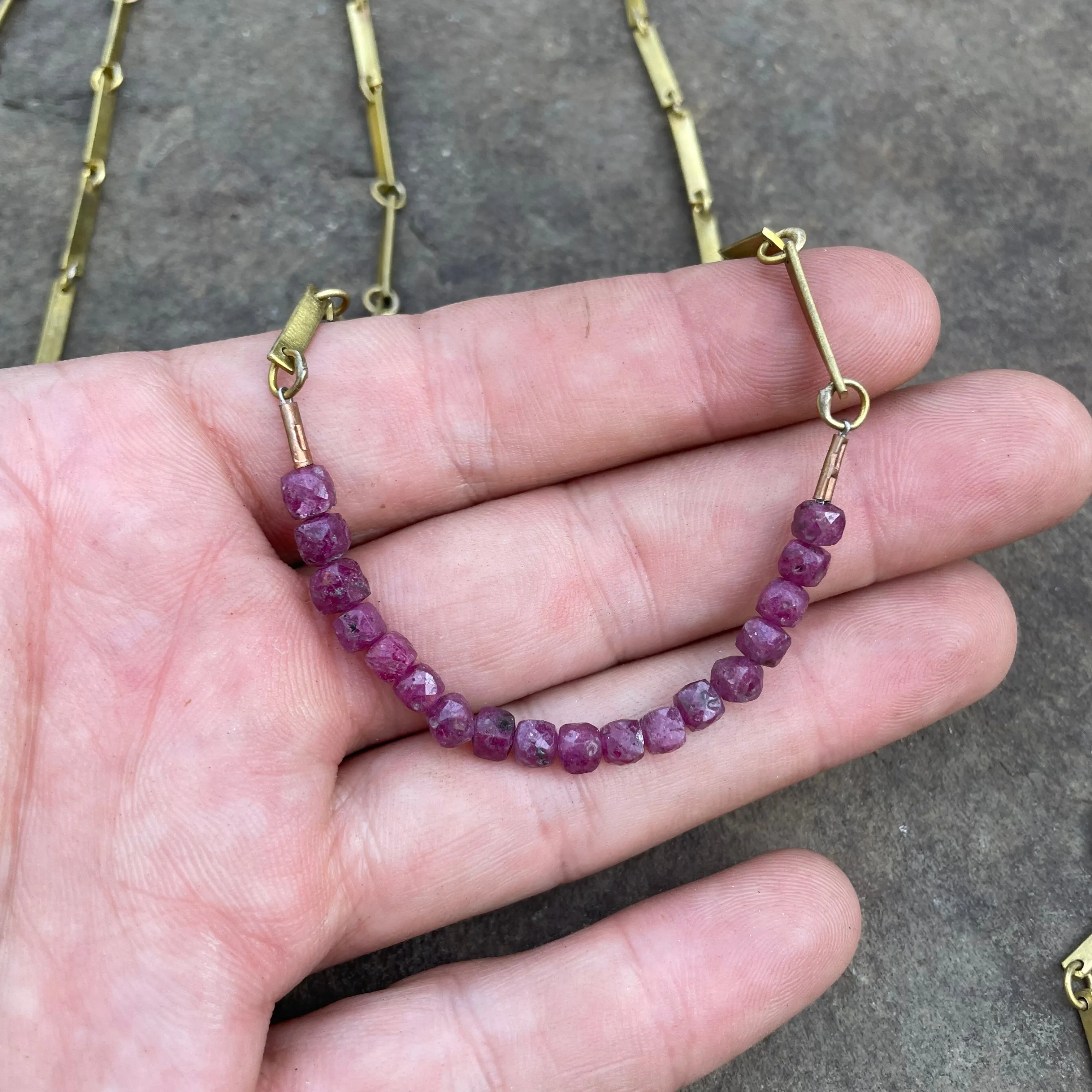 Handmade Flat Bar Brass Chain and Cubed Stone Necklace by Eric Silva