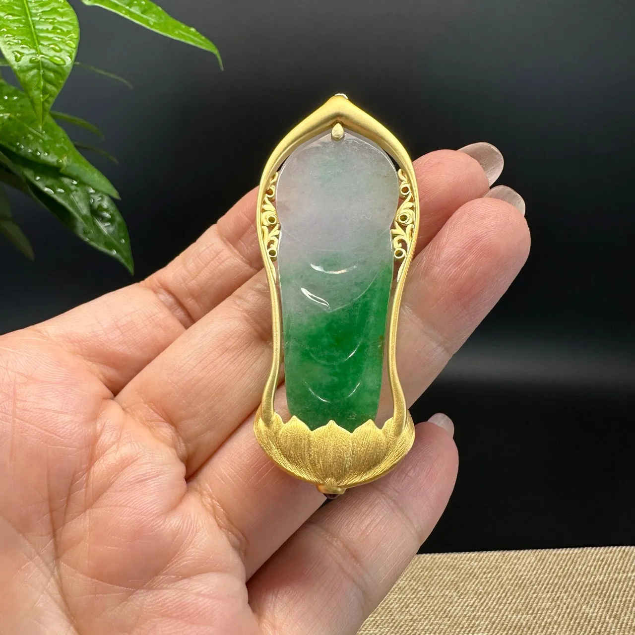 High-end 18K Yellow Gold Burmese White Green Jadeite Jade Guanyin Pendant with Diamond