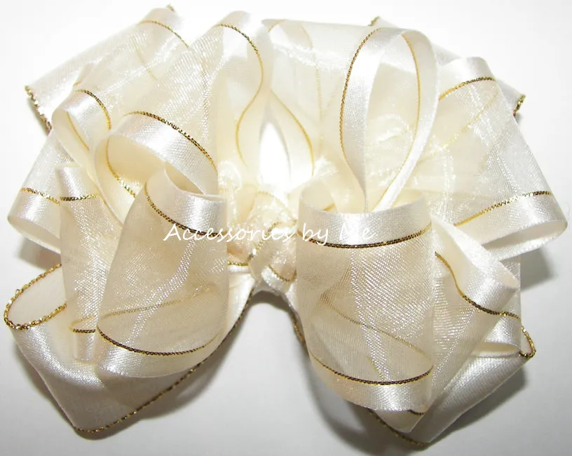 Ivory Organza Satin Gold Trim Hair Bow