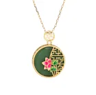 Jade Carved Flower Pendant Necklace Charm 18K Gold Plated Chain Dainty Gemstone